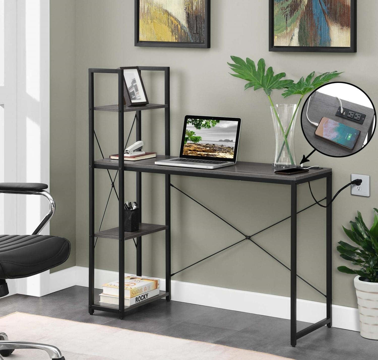 Convenience Concepts Desigsn2Go Office Workstation Desk with USB Ports & AC Outlets 44.25" - Modern Writing Accent with Charging Station & Storage Shelves for Dorm Room & Home Study, Charcoal Gray