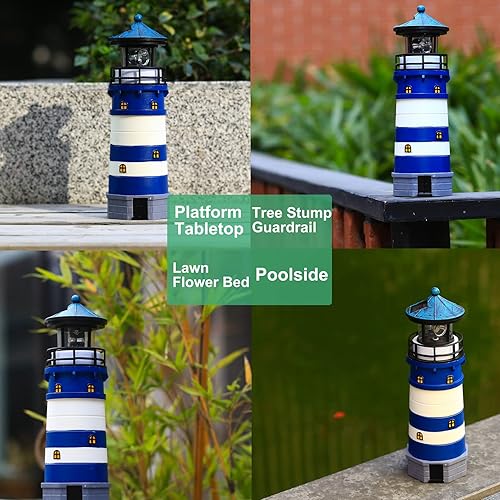 Miniatura 5 de Faro con luces LED de baliza giratoria, lámpara solar para faro decorativo al aire libre para jardín, patio, cubierta de pozo, regalos (azul 1)