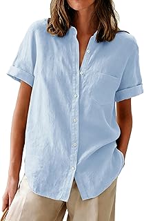 Aoudery Womens Button Down Shirts Short Sleeve Summer Oxford V Neck Collared Button Up Casual Blouses Tops with Pocket