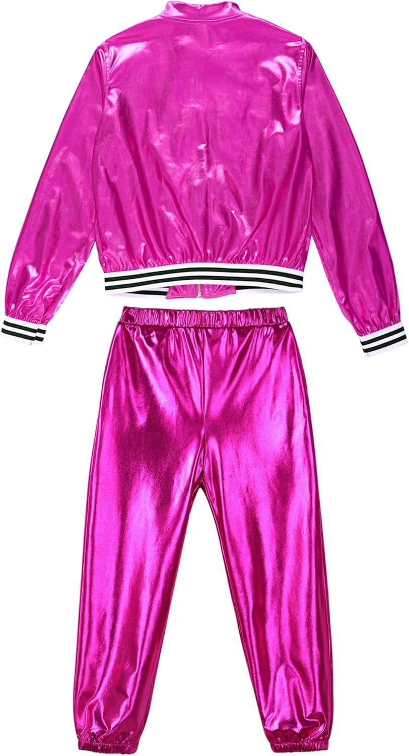 Kids Perfo Sparkle Dance Outfit Baseball Jacket and Harem Pants Set for Halloween Hip Hop Rose 8 Years