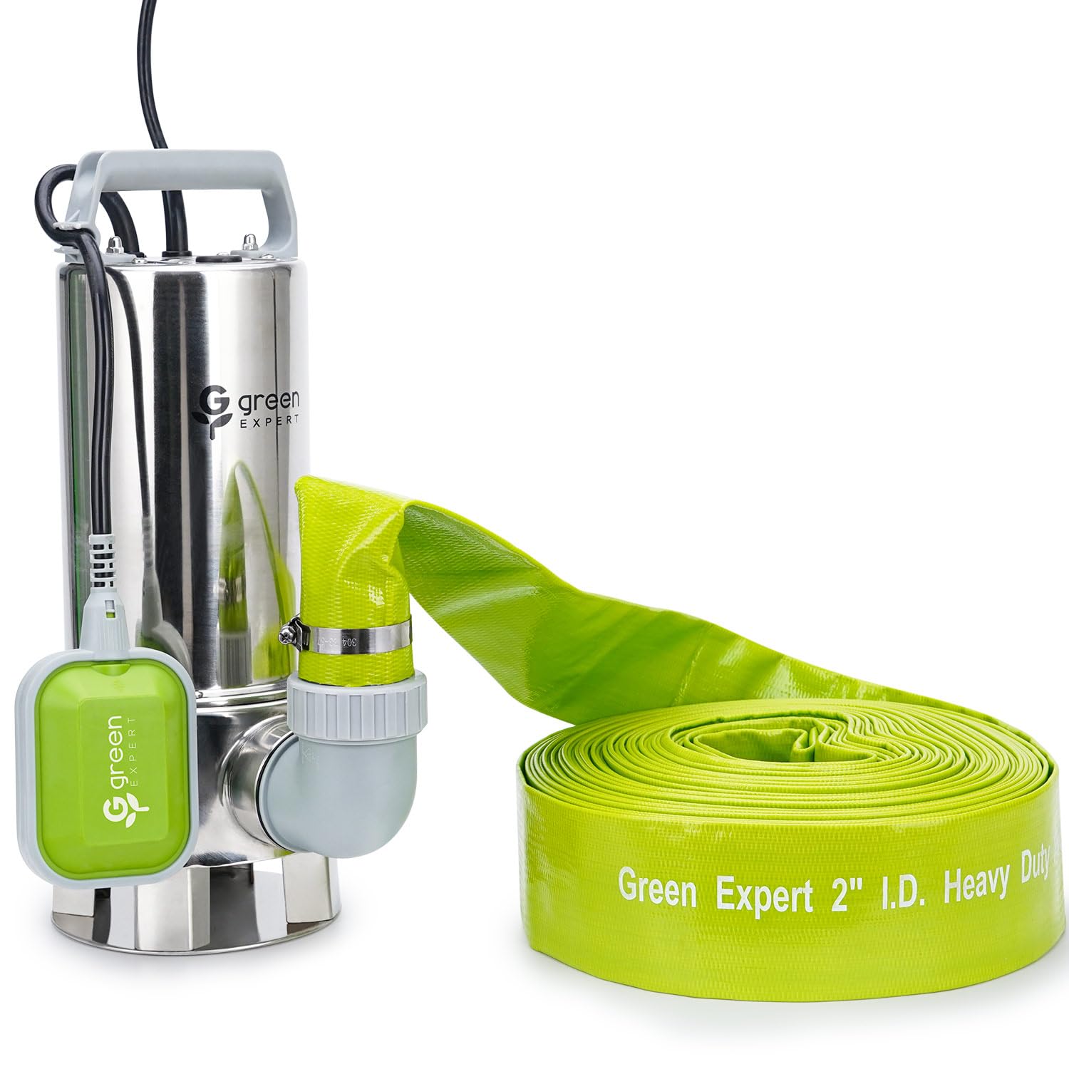 Green Expert Water Draining Kit, Includes Powerful 1.5HP Submersible Sump Pump and a 2 inch ID