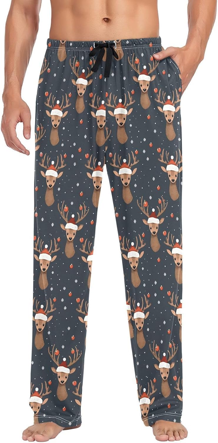 Men's Breathable Cotton Pajama Pant with Pockets, Brown Elk Pattern Pajama Bottoms for Men, Sleepwear S