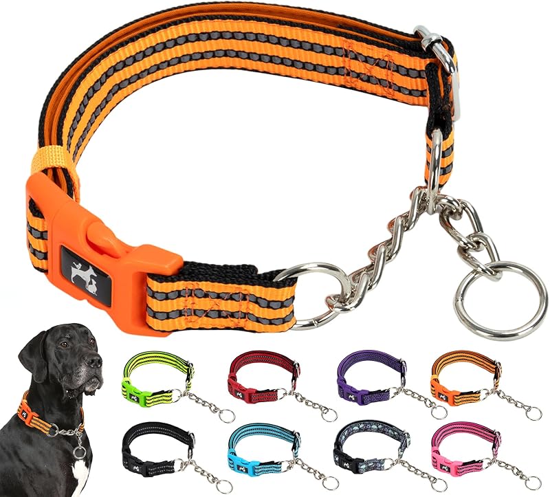 Coleira Martingale para Cães com Corrente e Faixa Refletiva, Nylon Macio, Orange, HLL-HJ67 — 134 g