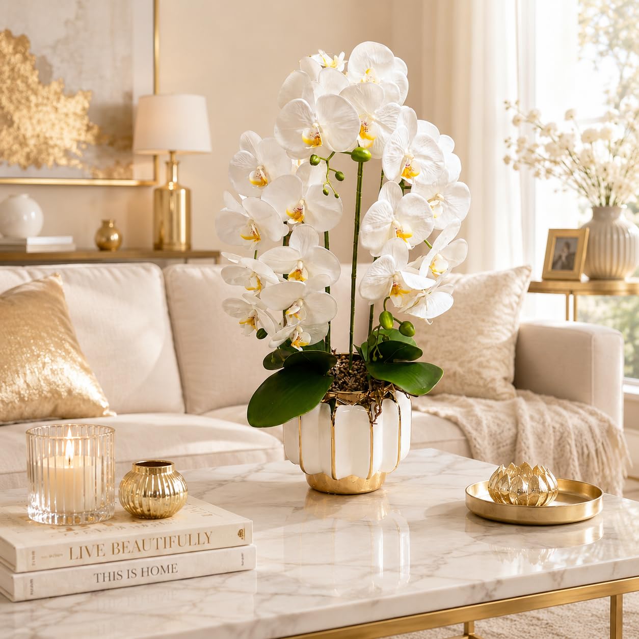 PASCH® XXL Orchideen künstlich in Hochglanz-Keramiktopf (72cm) | Kunstblumen im Topf | Kunstblumen wie echt | künstliche Orchideen im Topf | künstliche Blumen im Topf