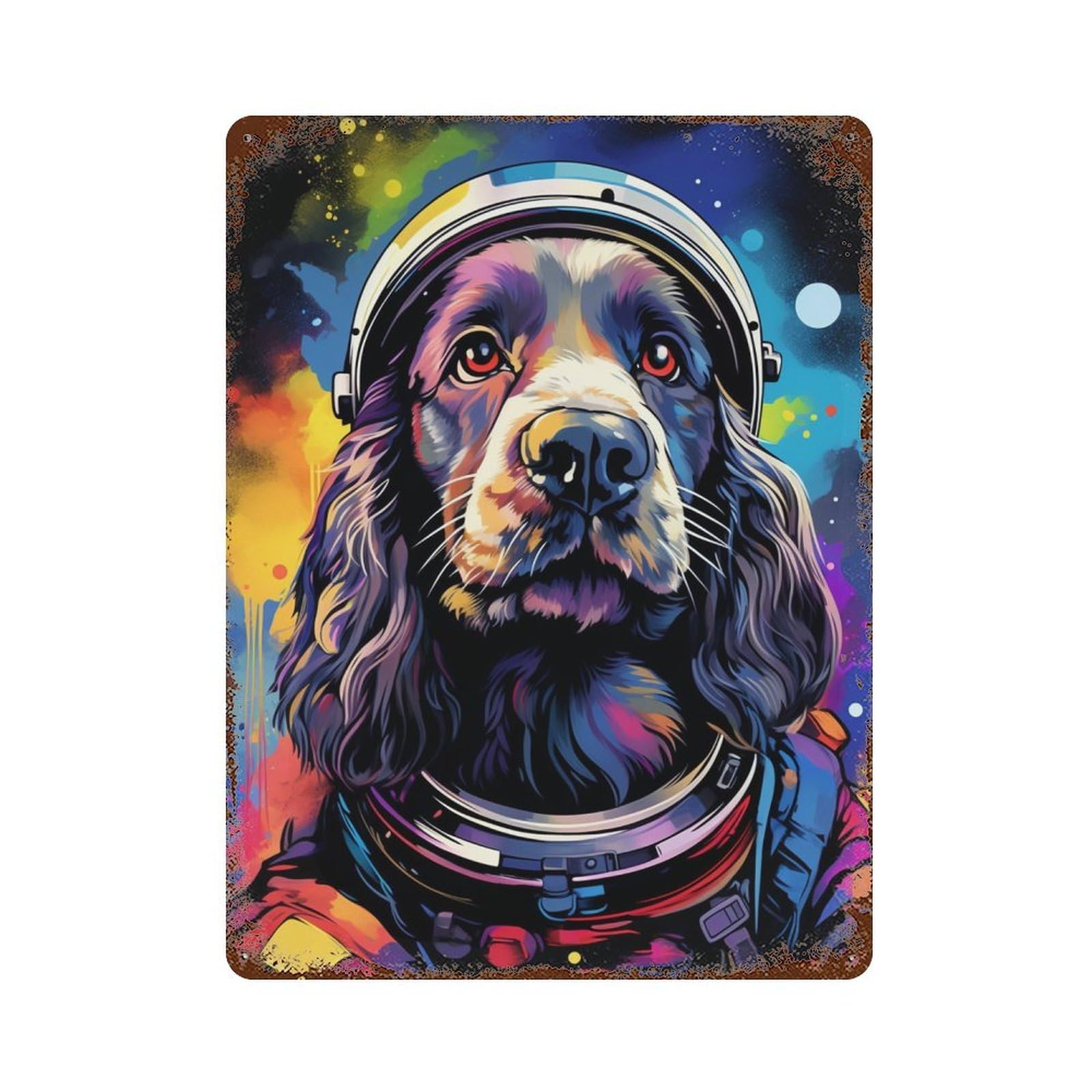 Space Dog Adventure-135 15.7"x11.8" Rust Effect Tin Sign, Industrial Home Decor for Living Room, Hallway And Home Decor