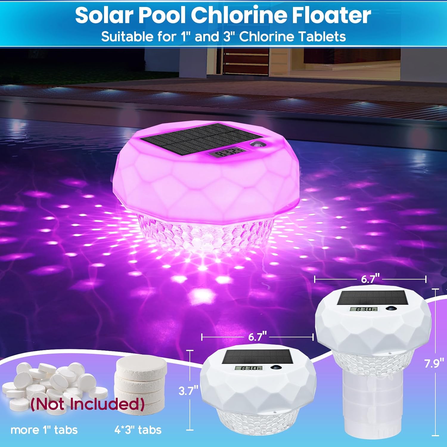 Qoolife Pool Chlorine Floater with Thermometer Solar Light, Chlorine Floater for Pond Fit 1" and 3", Floating Dispenser with Remote and Adjustable for Pool Spa Hot Tub