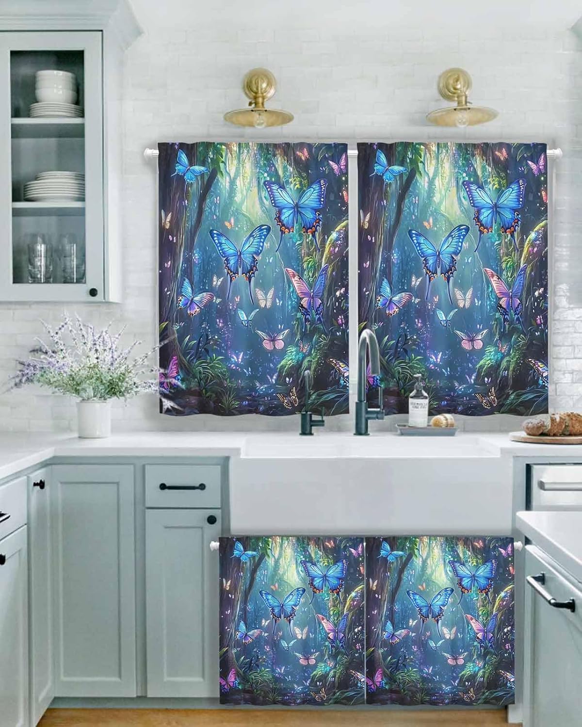 Blue Butterfly Kitchen Curtains - 36 Inch Length Kitchen Window Curtains Over Sink - Short Blackout Curtain for Small Windows - Modern Art Forest Butterflies Tiers Curtain for Bathroom Window 30"x36"