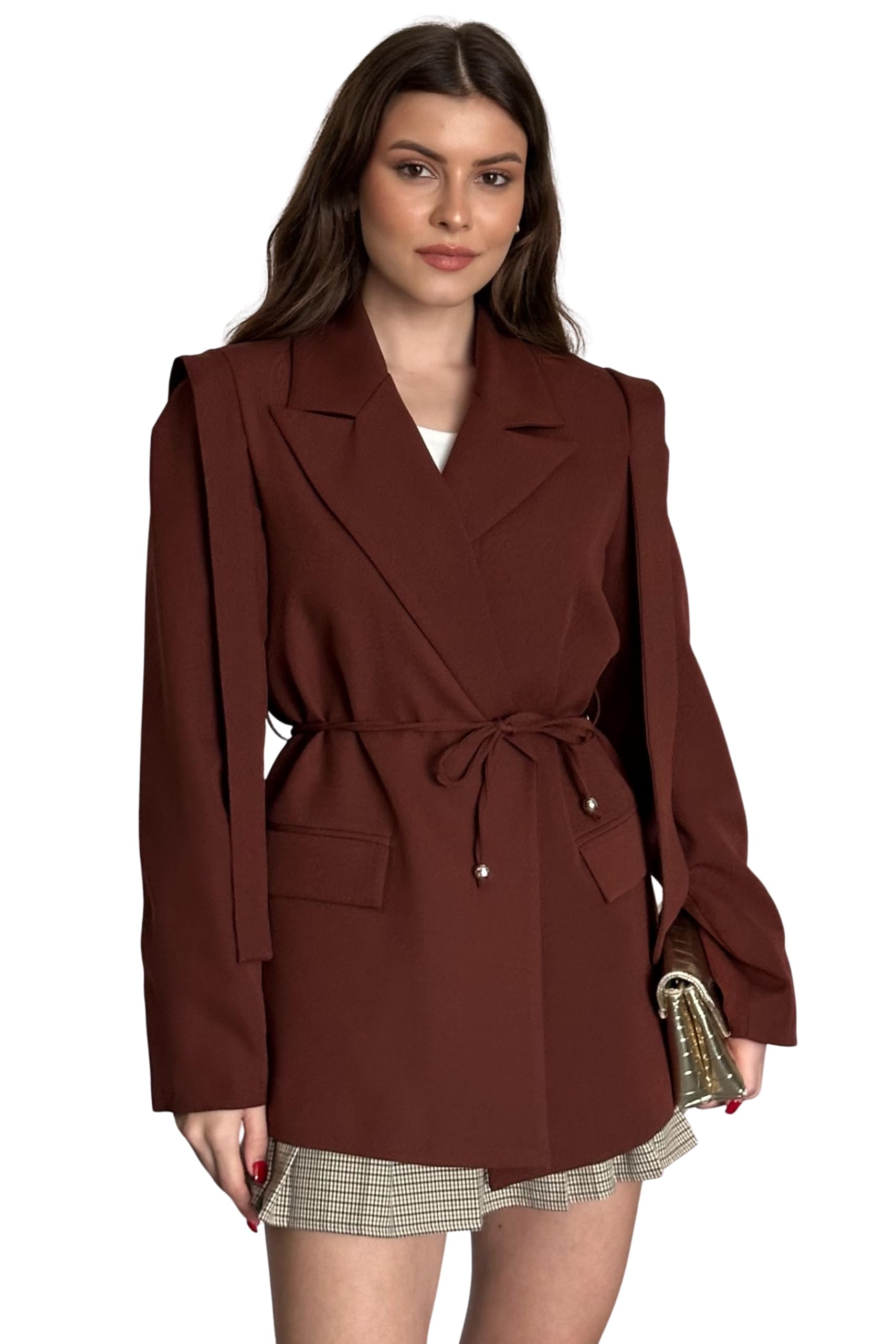 Kadın Vatkalı Kuşaklı Blazer Ceket Modern Oversize Şık Ceket