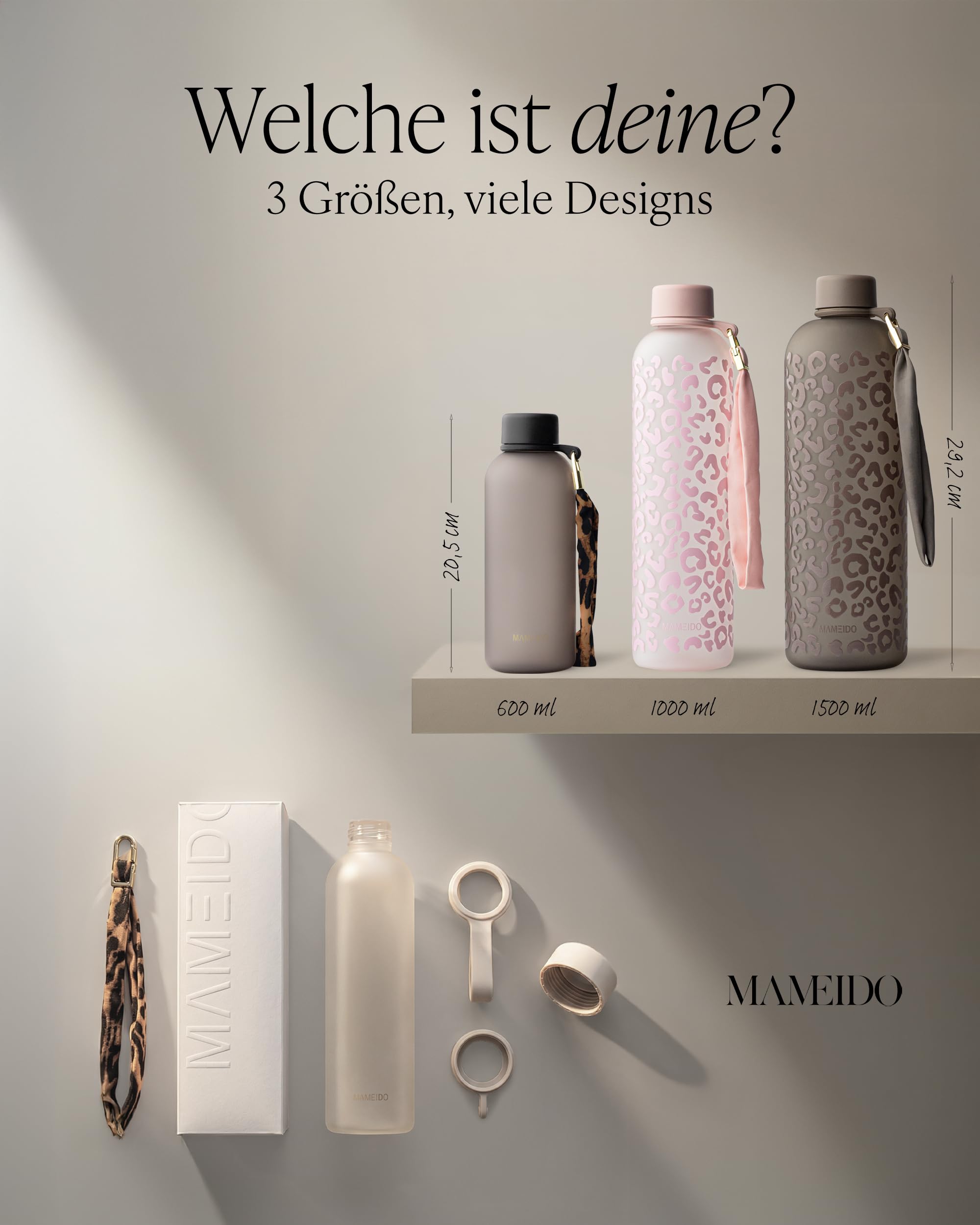 MAMEIDO Trinkflasche mit Zeitmarkierung 1 l (Urban Taupe Gold) | mit abnehmbarer Trageschlaufe, auslaufsicher & Kohlensäure geeignet, BPA-frei, ideal für Sport, Gym & Büro