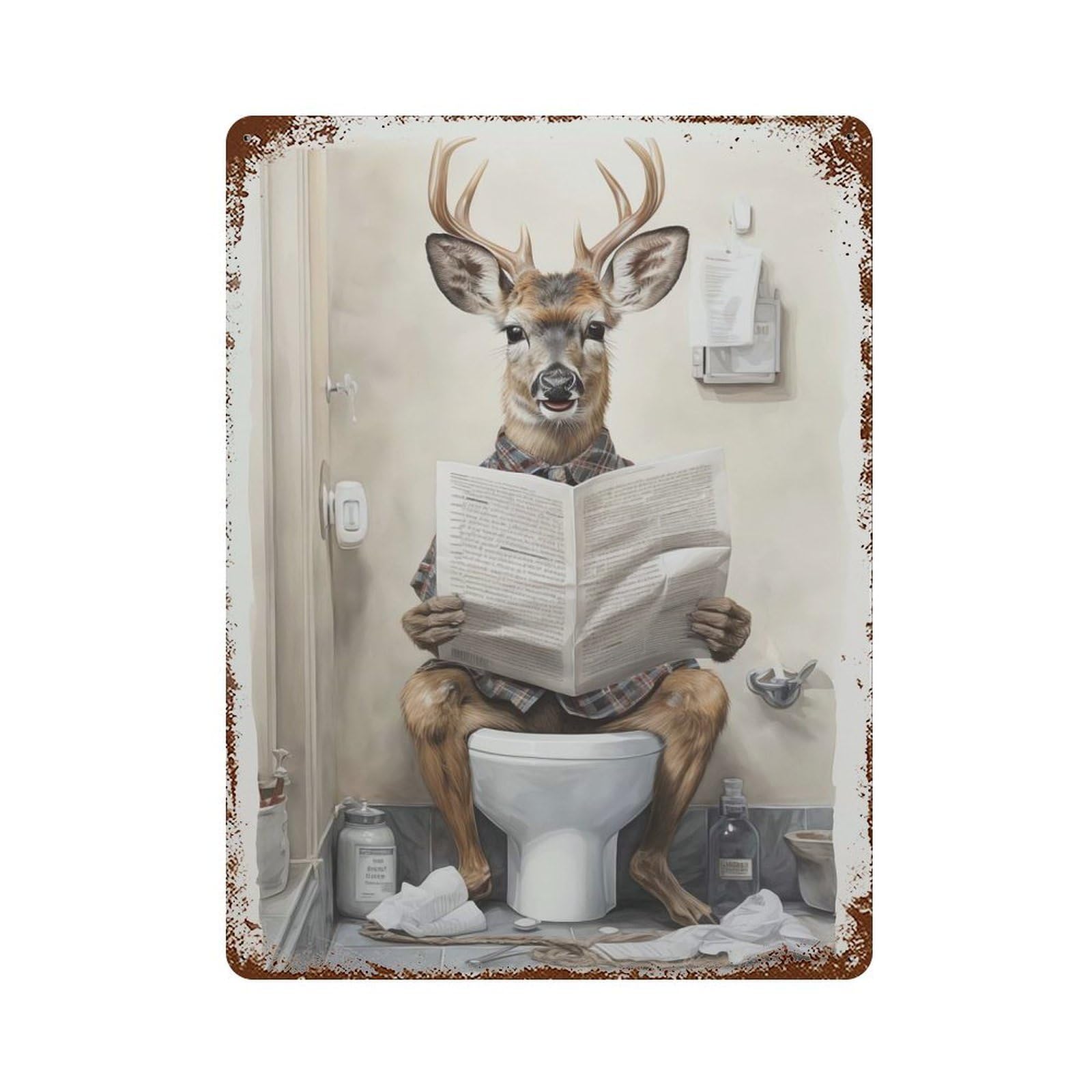 Deer Newspaper Toilet Vintage Wall Sign 15.7"x11.8", Rust Effect Metal Decor for Living Room, Hallway And Home Decor
