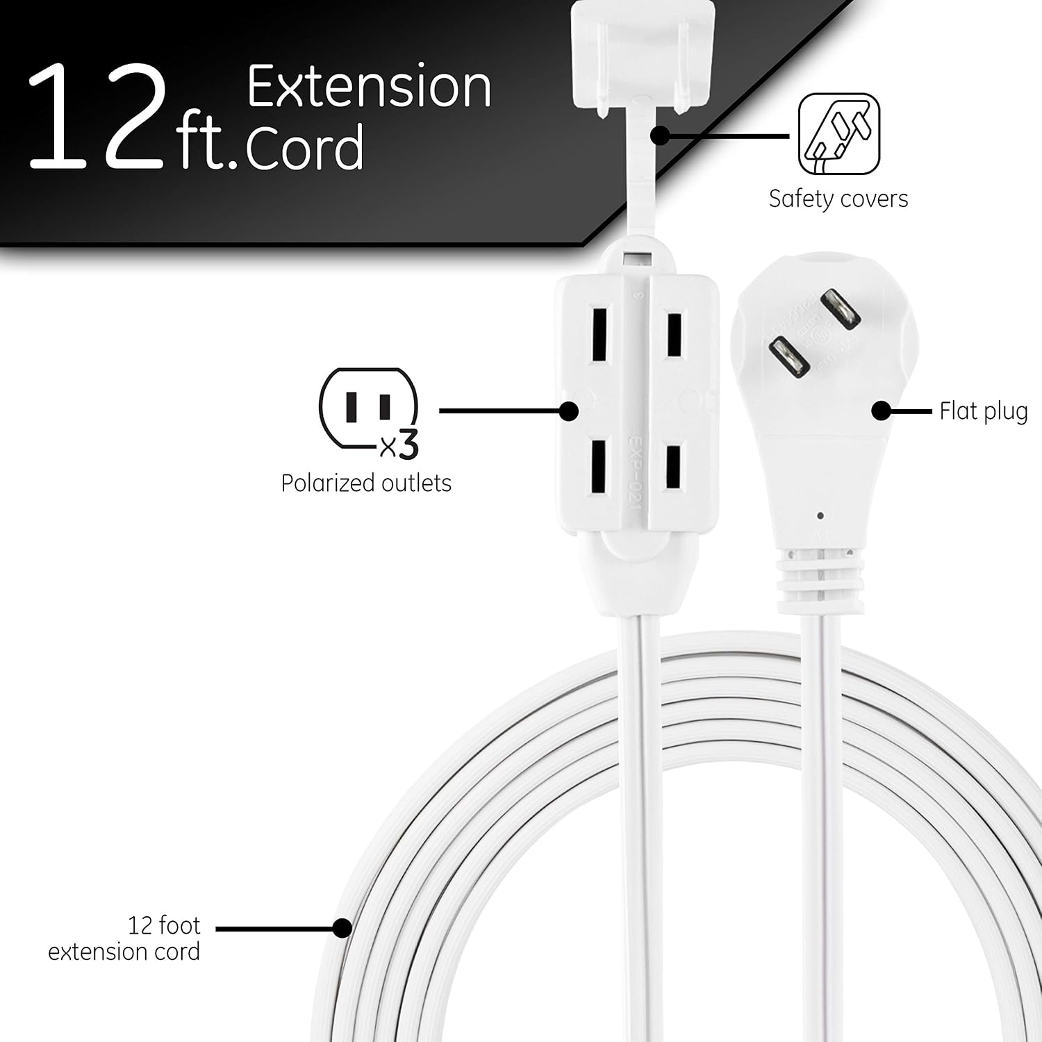 GE Indoor Extension Cord, Extra Long 12ft Power Cable, 3 Polarized Outlets, 2 Prong, Low- Profile Right-Angle Flat Plug, 16 Gauge, UL Listed, White, 50661