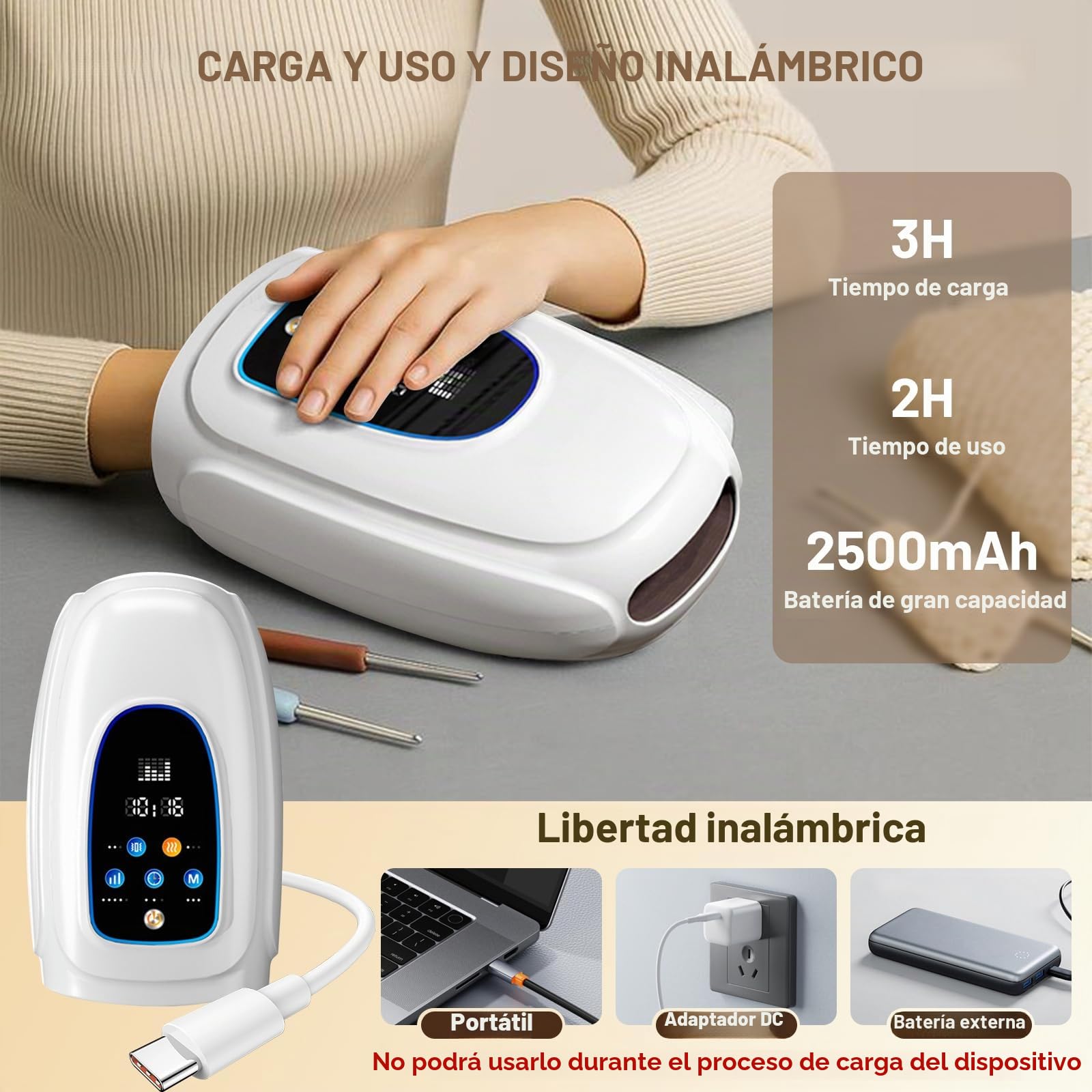 Masajeador eléctrico de mano, masajeador de mano inalámbrico | 3 modos de masaje, 5 niveles de intensidad, masajeador de mano portátil con pantalla táctil, regalo para mujeres y hombres
