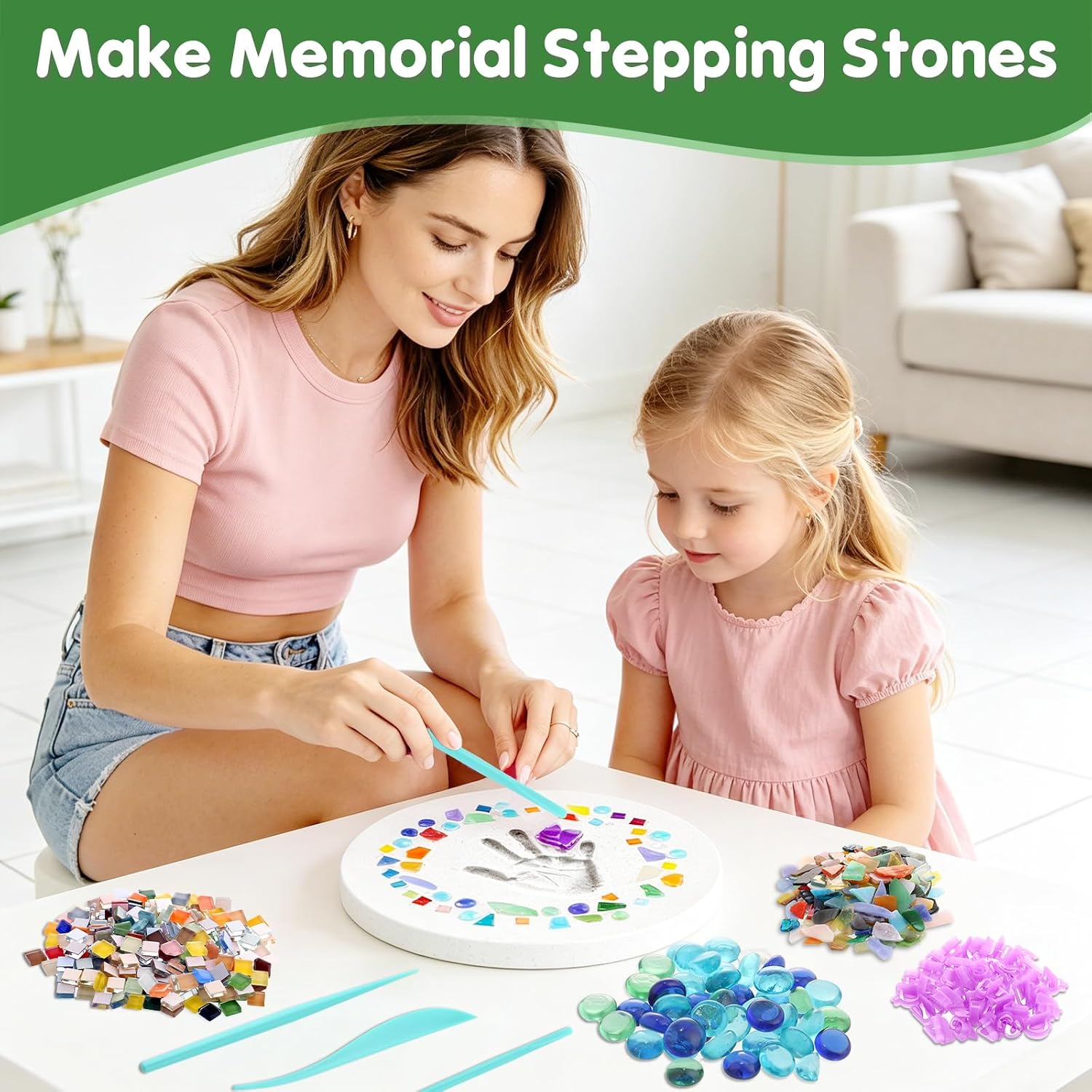 10Pcs Stepping Stone Kit, 10 Round Large Round Cement Mold, 3 Kinds Mosaic Tiles, Carving Tools & Number Letter Mold for DIY Handprint Footprint Walkway Garden Stones Decorations Gift, No Concrete Mix