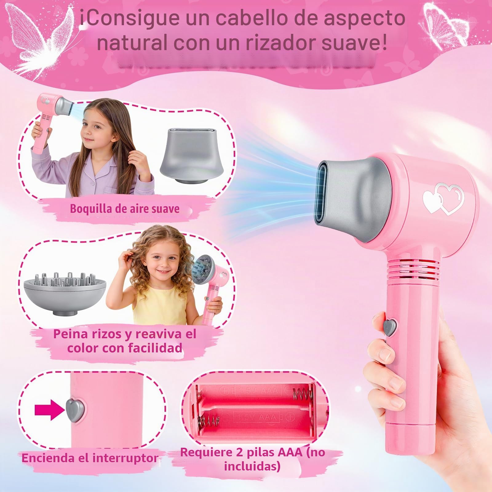 deAO Set De Juegos De 35 Piezas De Salón De Belleza para Niñas, Juego De Simulación De Peluquería con Secador De Pelo, Espejo, Rizador y Otros Accesorios, Kit De Maquillaje Simulado para Niños