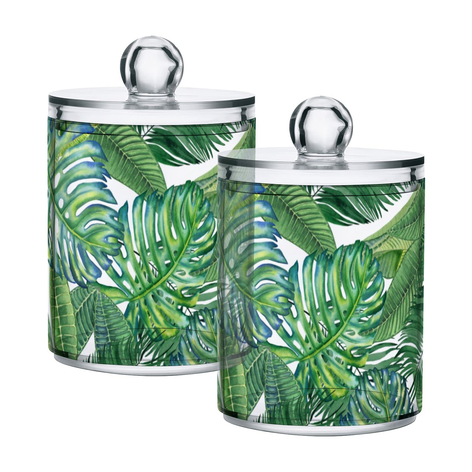 2 Pack Cotton Swab Holder with Lid Tropical Leaves Green Plant Qtip Cotton Buds Ball Dispenser Bathroom Containers Canister Organizer Storage Jar