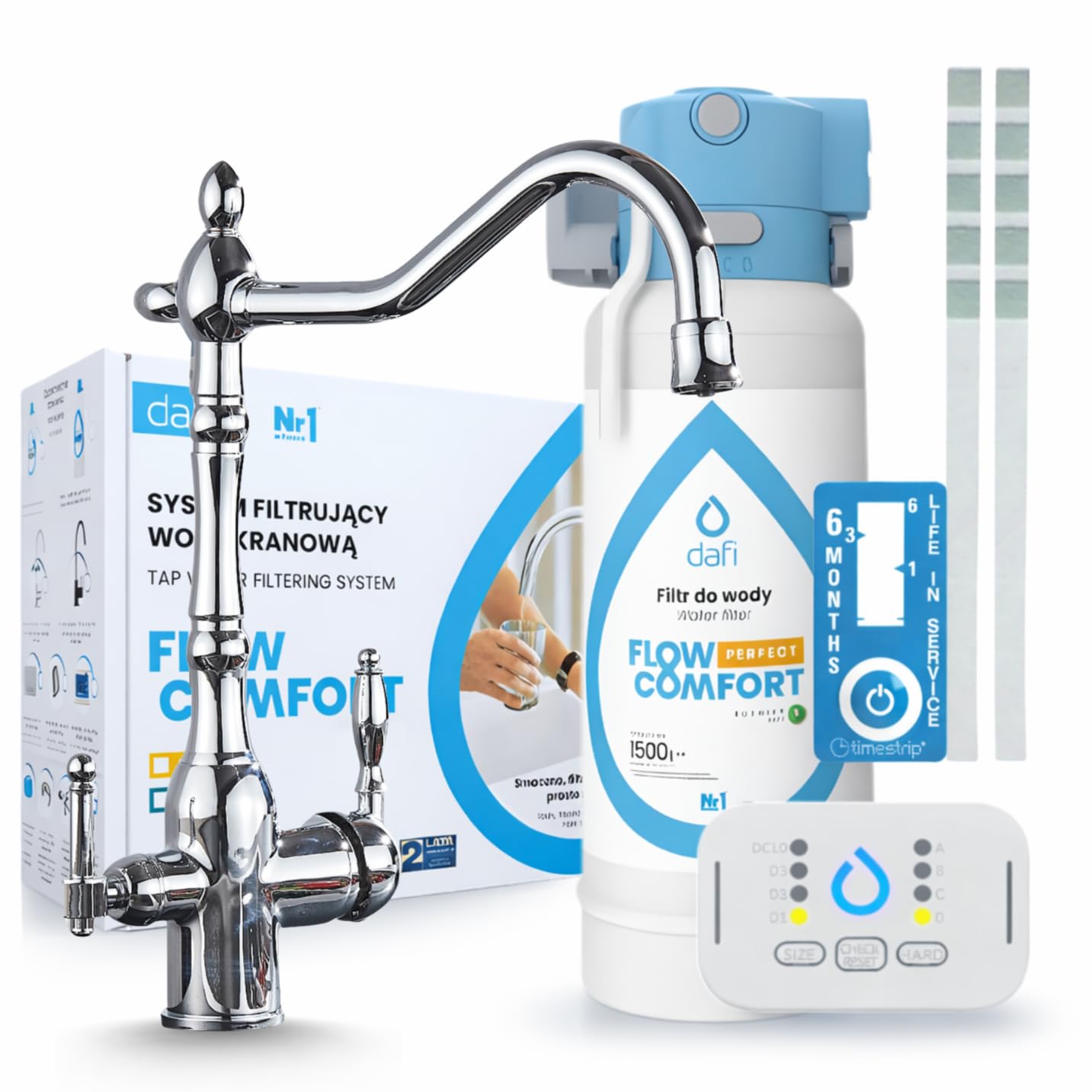 Flow Comfort D1 3-drożna armatura kuchenna w stylu retro, z systemem filtracji wody, oddzielna wylewka do filtrowanej wody, obracana o 360°, montaż jednootworowy, zawór ceramiczny (chrom)