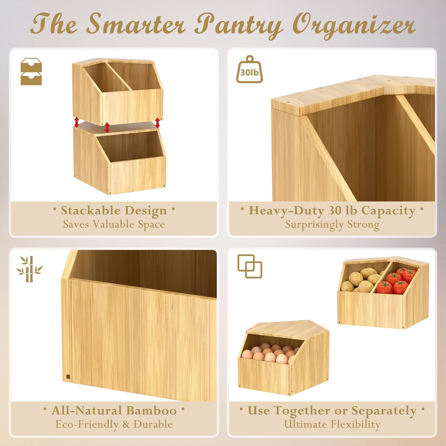 Jolitac Bamboo Pantry Storage Bins - Stackable Baskets, Potato and Onion Storage for Pantry Organization, Set 3 Pieces (Bamboo 2-Tier)