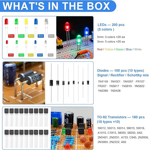 1628 PCS 9 Type Electronic Component Kit with Clear Box, Breadboard/Arduino kit, 3&5mm LED Diodes, Ceramic Capacitors, Electrolytic Capacitors, Resistor, Transistor, DuPont Wires, Circuit Boards, PCBS