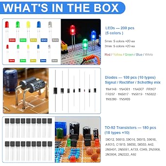 1628 PCS 9 Type Electronic Component Kit with Clear Box, Breadboard/Arduino kit, 3&5mm LED Diodes, Ceramic Capacitors, Electrolytic Capacitors, Resistor, Transistor, DuPont Wires, Circuit Boards, PCBS