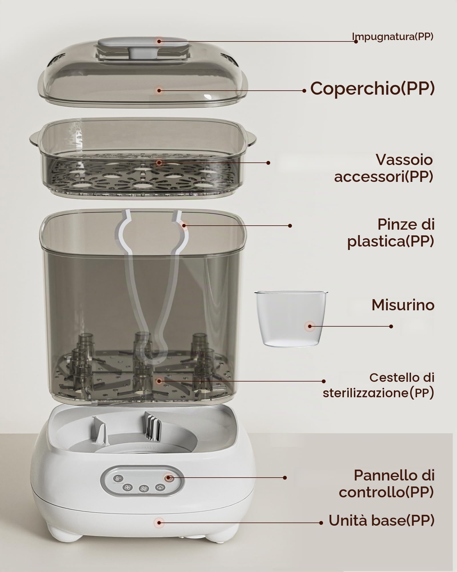 Sterilizzatore e asciuga biberon, sterilizzatore a vapore, capacità maggiore per 9 biberon di tutti i tipi più accessori, ciucci, giocattoli per la dentizione, attrezzatura iniziale per neonati