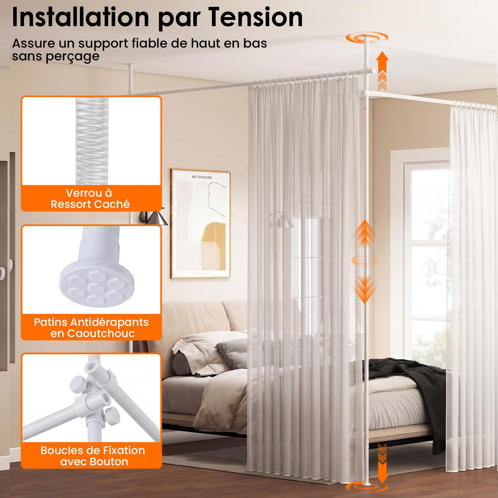 COSTWAY Tringle à Rideaux Verticale Sans Percage Extensible, Réglable Hauteur 120-314 cm x Largeur 73-360 cm, Séparateur de Pièce, Tringle Rideau Brise-vue pour Chambre, Bureau, Salon, Blanc