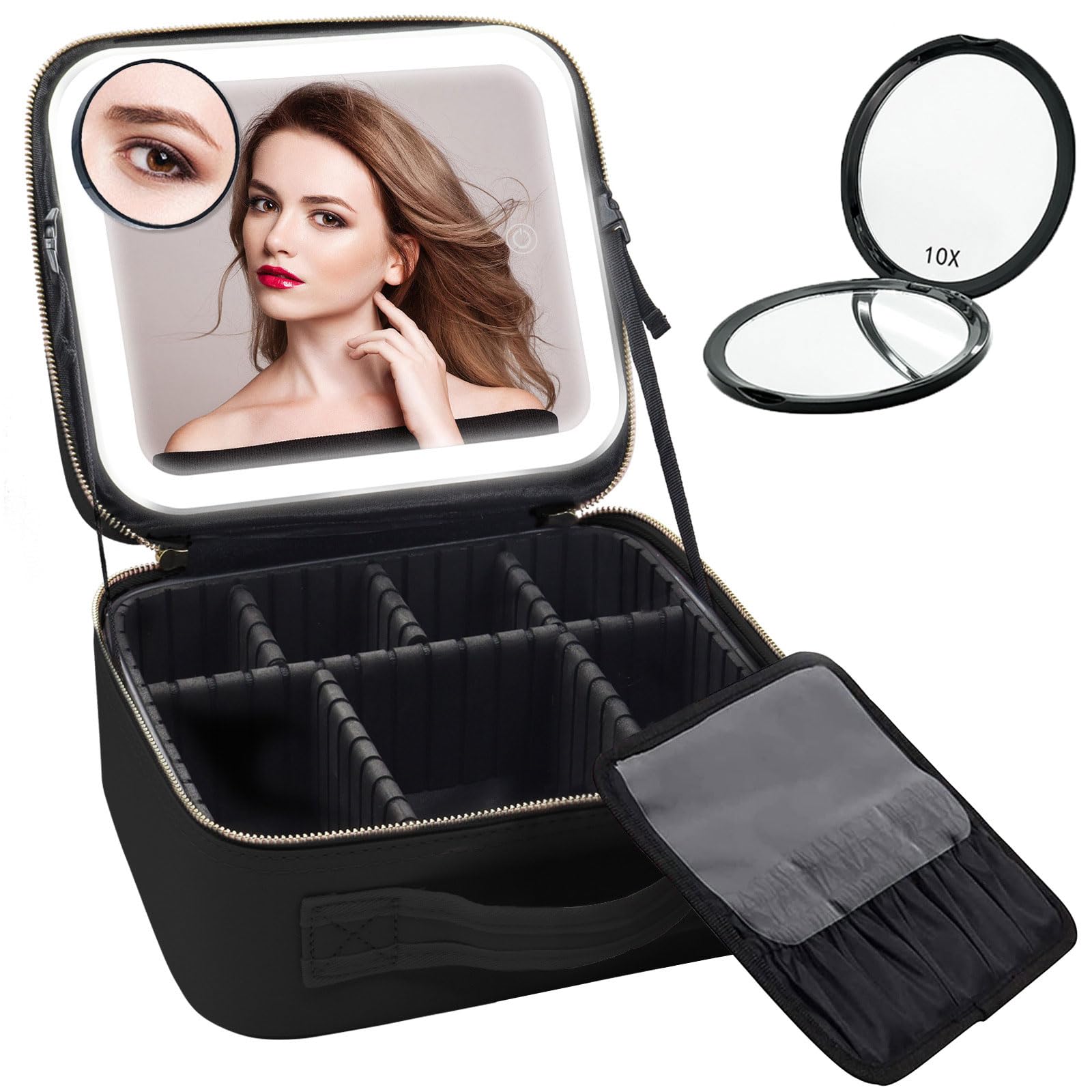 Dechoga Neceser Maquillaje Portátil con Espejo, USB Carga Bolsa de Cosméticos Organizador Profesional, 3 Tipos Luz Caja de Maquillaje Impermeable Viaje, Maletín Estuche de Maquillaje Mujer, Negro