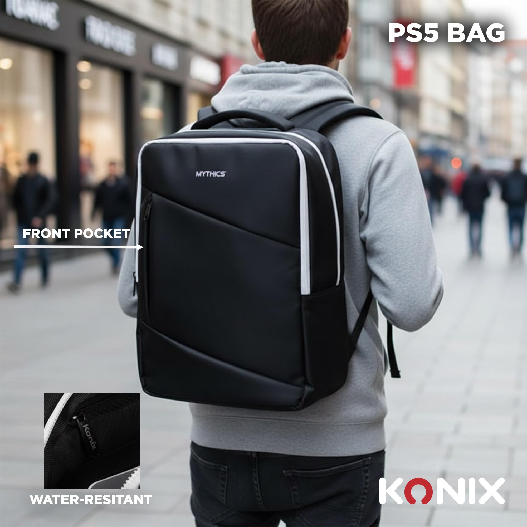 Konix Mythics Titan Mochila para Almacenamiento y Transporte de Consola y Accesorios PS5 - Volumen 16 l - 30 x 10 x 47 cm - Negro y Blanco