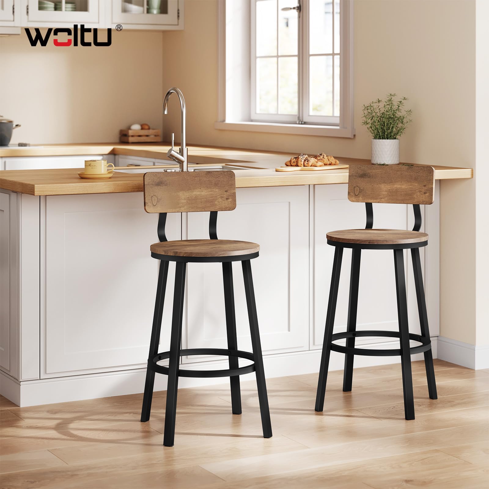WOLTU Barhocker 2er Set, Barstuhl mit Rückenlehne, Industriestil, Braun