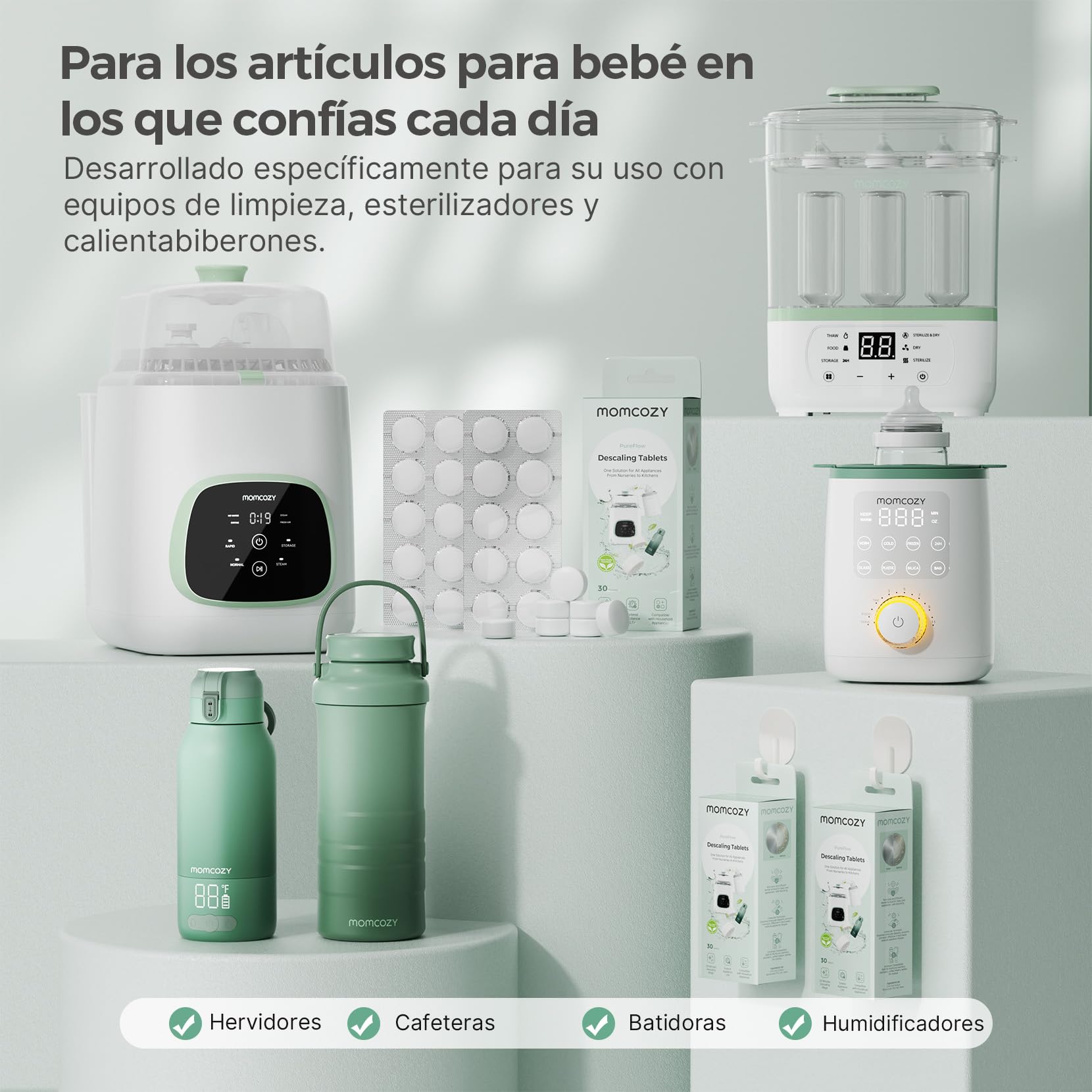 Momcozy Pastillas Descalcificadoras Originales, compatibles con sacaleches Momcozy, calentadores de biberones y esterilizadores; eliminan restos de leche y cal, paquete de 30 unidades