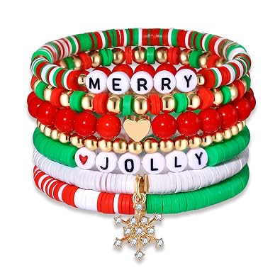 BVGA Christmas Beaded Bracelets Santa Candy Cane Hat Charms Bracelets Xmas Tree Car Sock Gift-box Stretch Bracelets Set Green and Red Beads Bracelet for Women Holiday Jewelry Gifts
