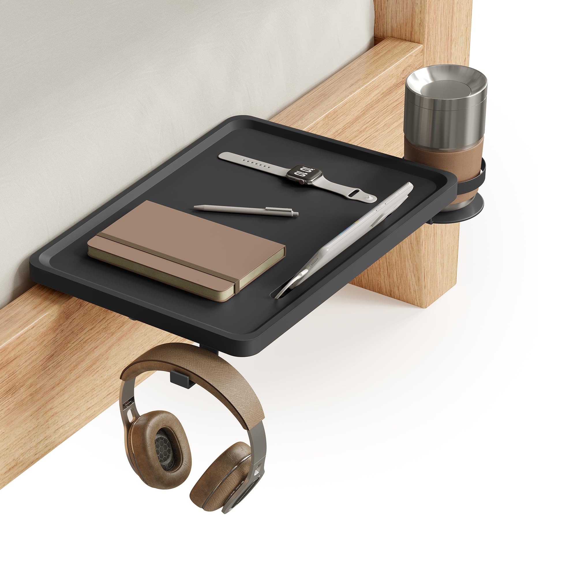 VASAGLE Bedside Shelf, College Dorm Room Essentials, Cup Holder, Hook, Clamps, Dormitory, Ink Black ULET301B01