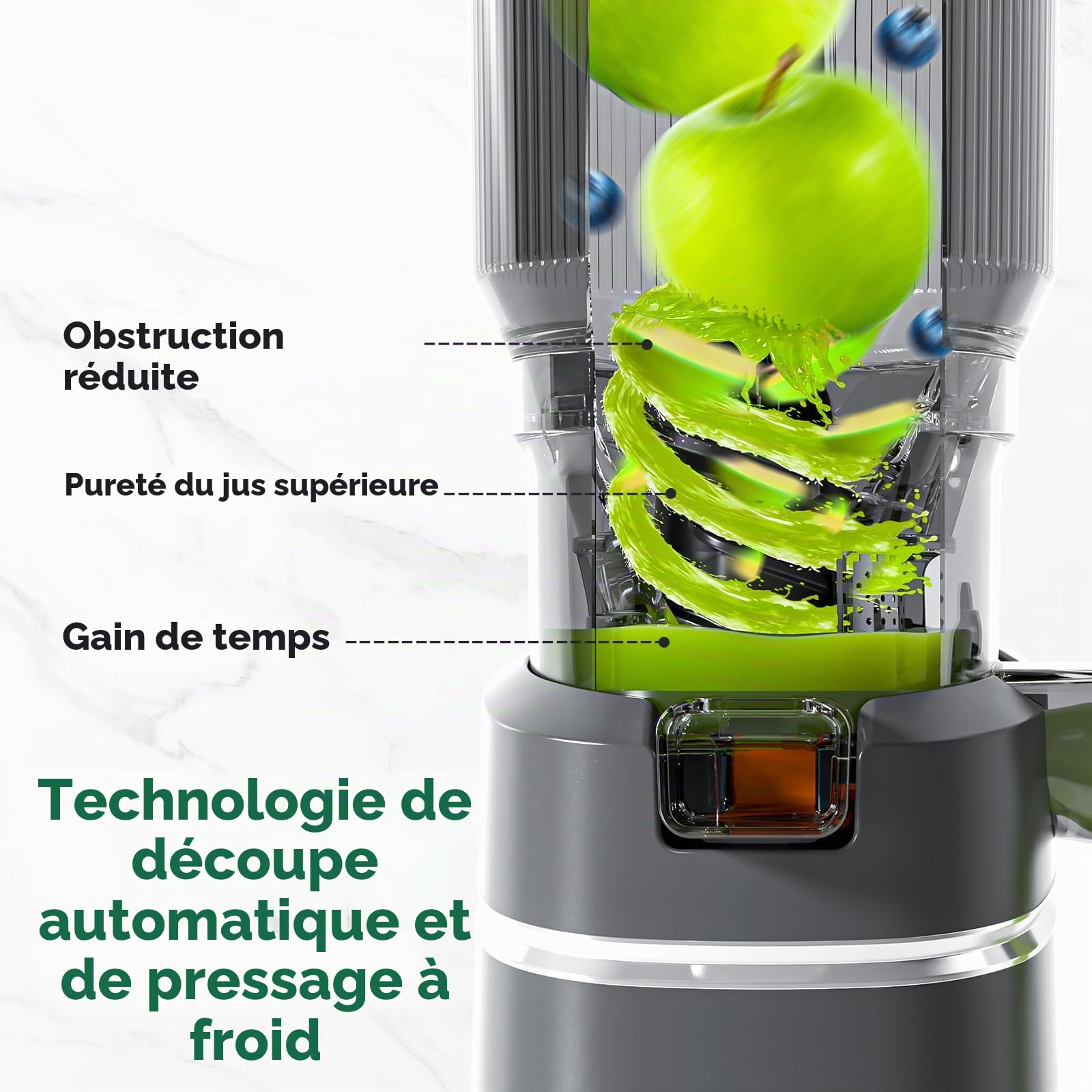 AMZCHEF Extracteur de jus automatique, grande ouverture de 150 mm | pour fruits et légumes entiers, réservoir de 2 L, moteur 250 W en cuivre pur, triple filtre, Gris