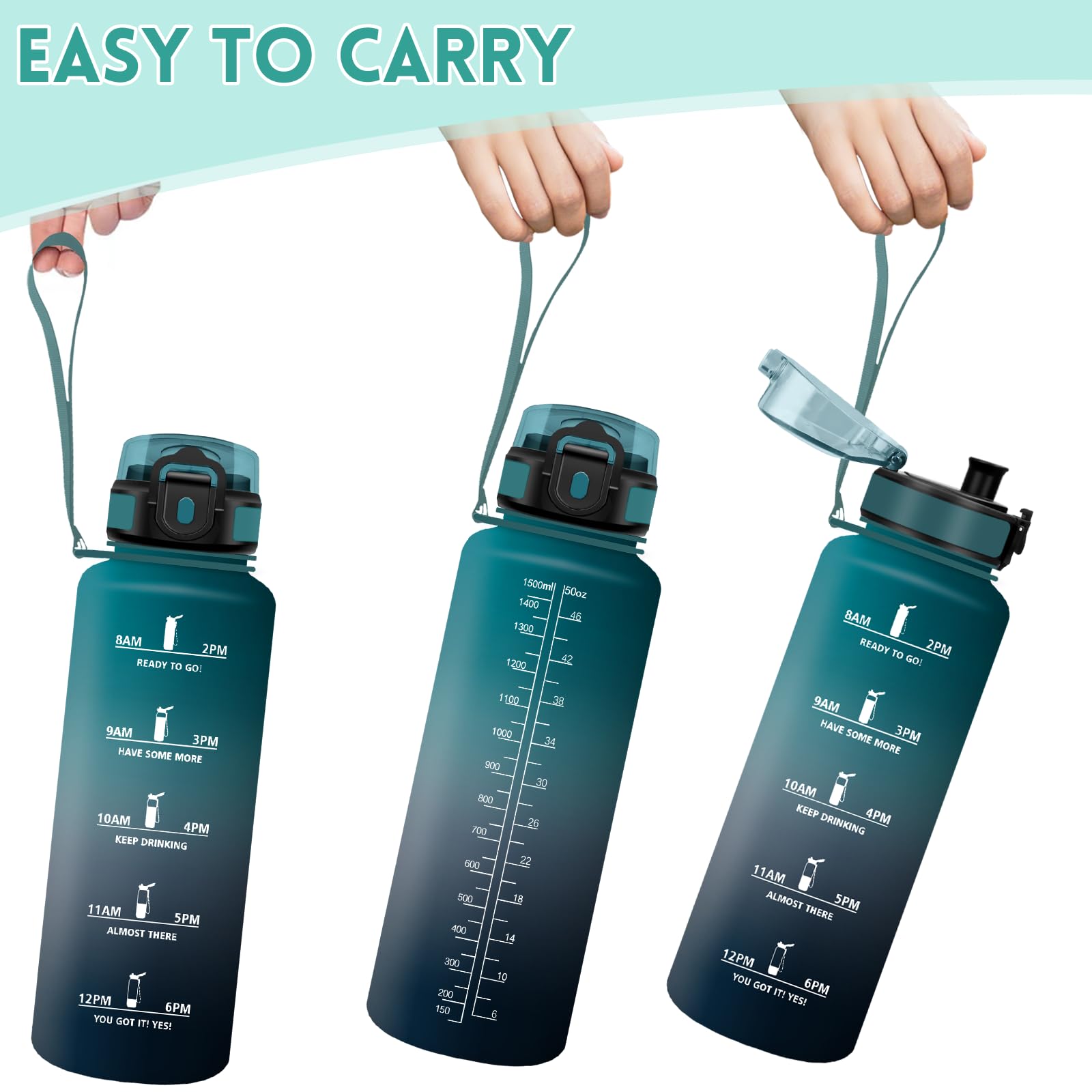 Motswedi Borraccia 1,5 litri, con Filtro, Borraccia Motivazionale, Prova di Perdite, Senza BPA, Bottiglia Acqua, con Marcatori di Tempo, per Palestra, Ufficio, Yoga, Ciclismo, Verde Scuro & Grigio