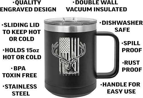Miniatura 2 de Rogue River Tactical Divertida taza de café negra de acero inoxidable resistente con la bandera de Estados Unidos, diseño de ciervos y ciervos, con