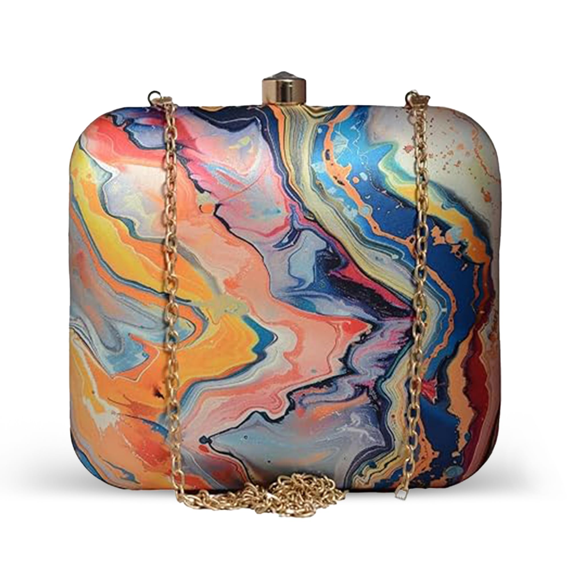 Multicolor Flow Art Printed Clutch Bag For Women With Detachable Chain Strap-image-43