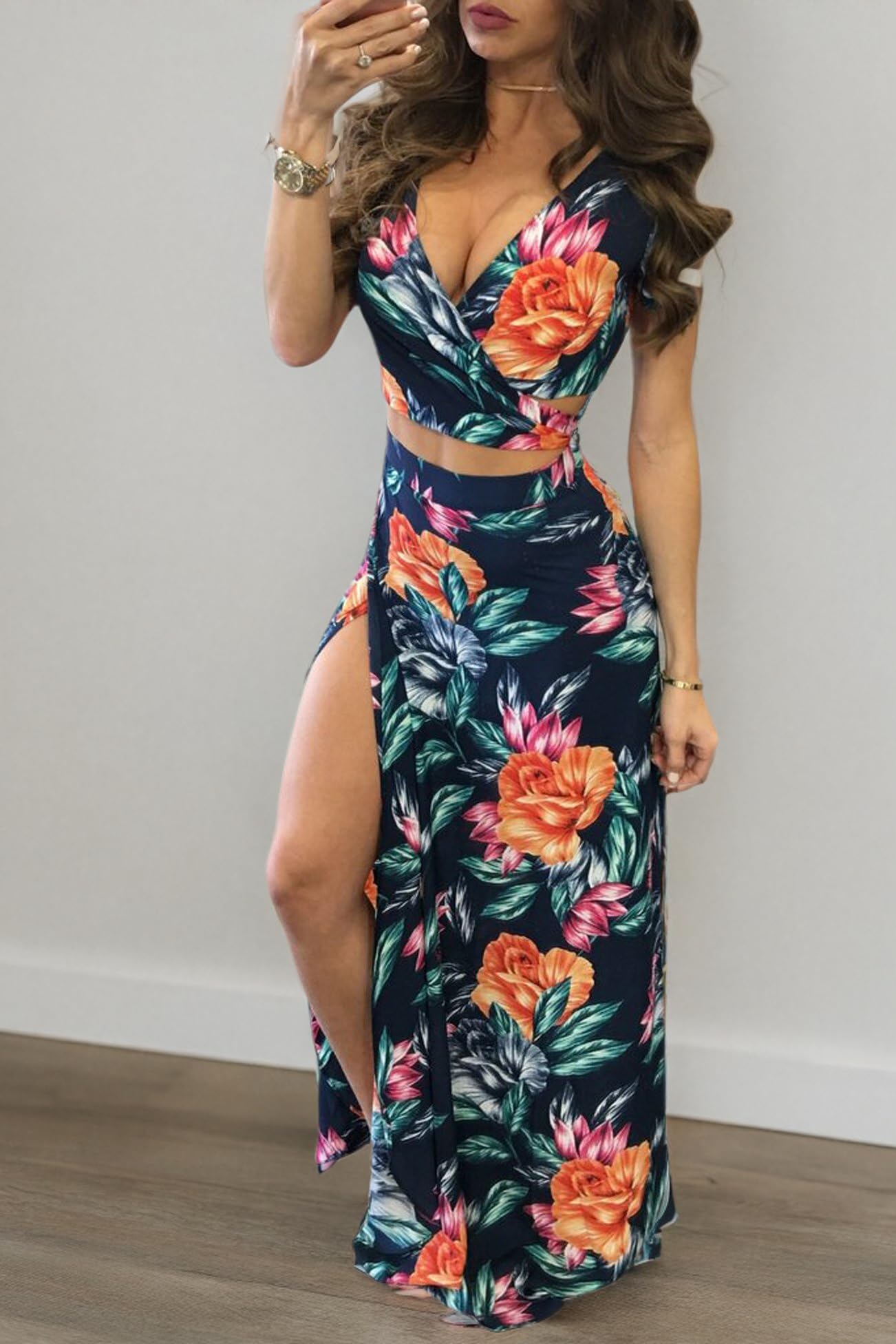 MESLIMA Damen Casual 2-teiliges Outfits, sexy V-Ausschnitt, bauchfreies Top, Boho-Blumendruck, Strandkleid, High Split Maxikleid Sets