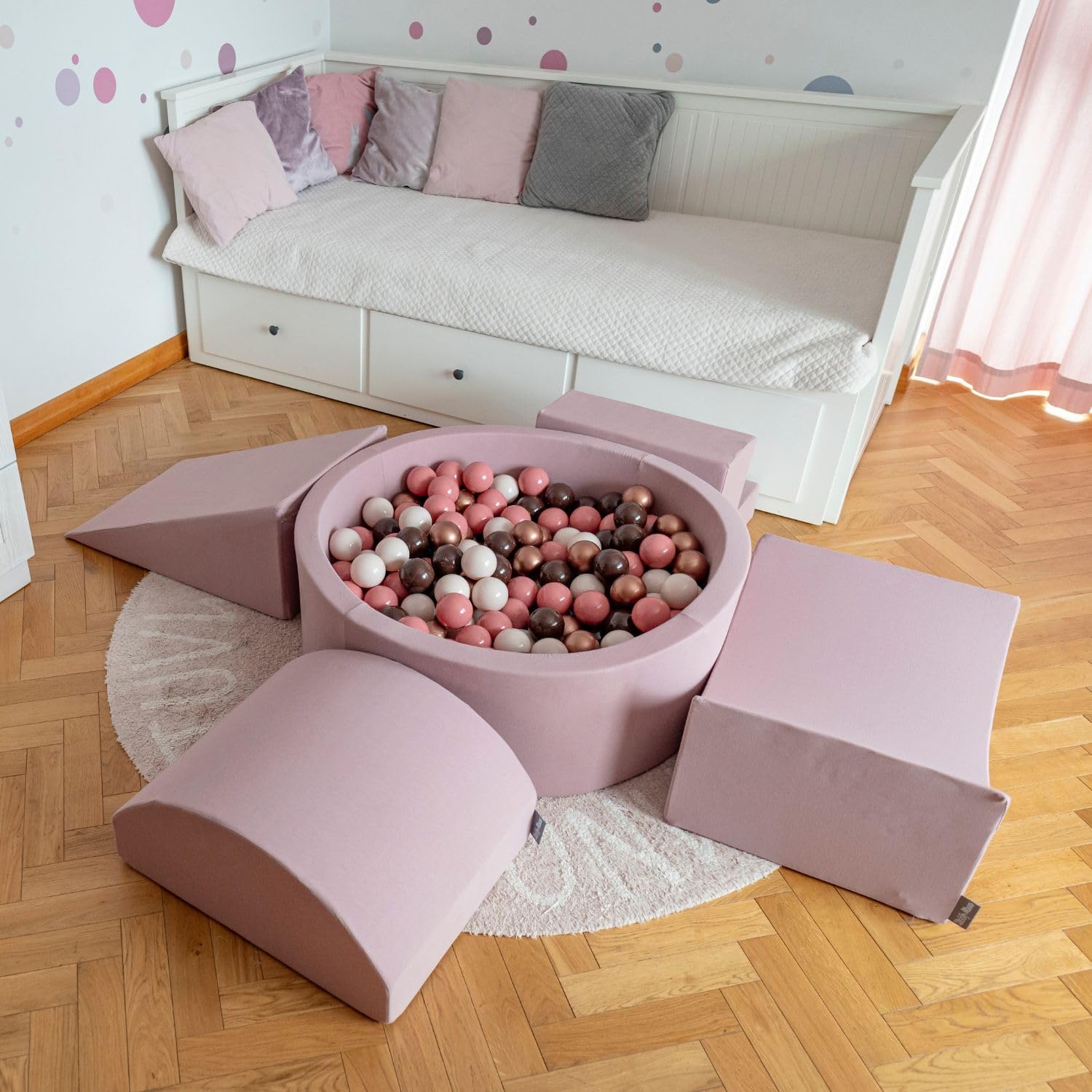 KiddyMoon Spielplatz Aus Schaumstoff Mit Rund Bällebad (300 Bälle) Ballgruben Für Babys Spielbad Hindernisläufen, Erikafarben:Pastellblau/Pastellgelb/Weiß/Minze/Puderrosa
