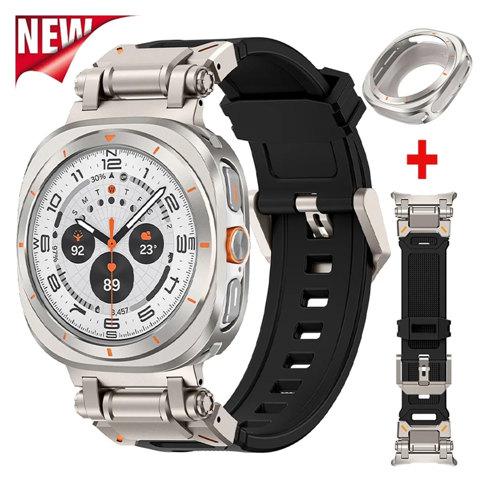 BUDAY Metal Case Fluororubber Strap for Samsung Galaxy Watch 7 Ultra 47mm Metal Protective Case Cover Sport Bracelet for Galaxy Ultra 47mm FKM WatchBands(Blue Ti)