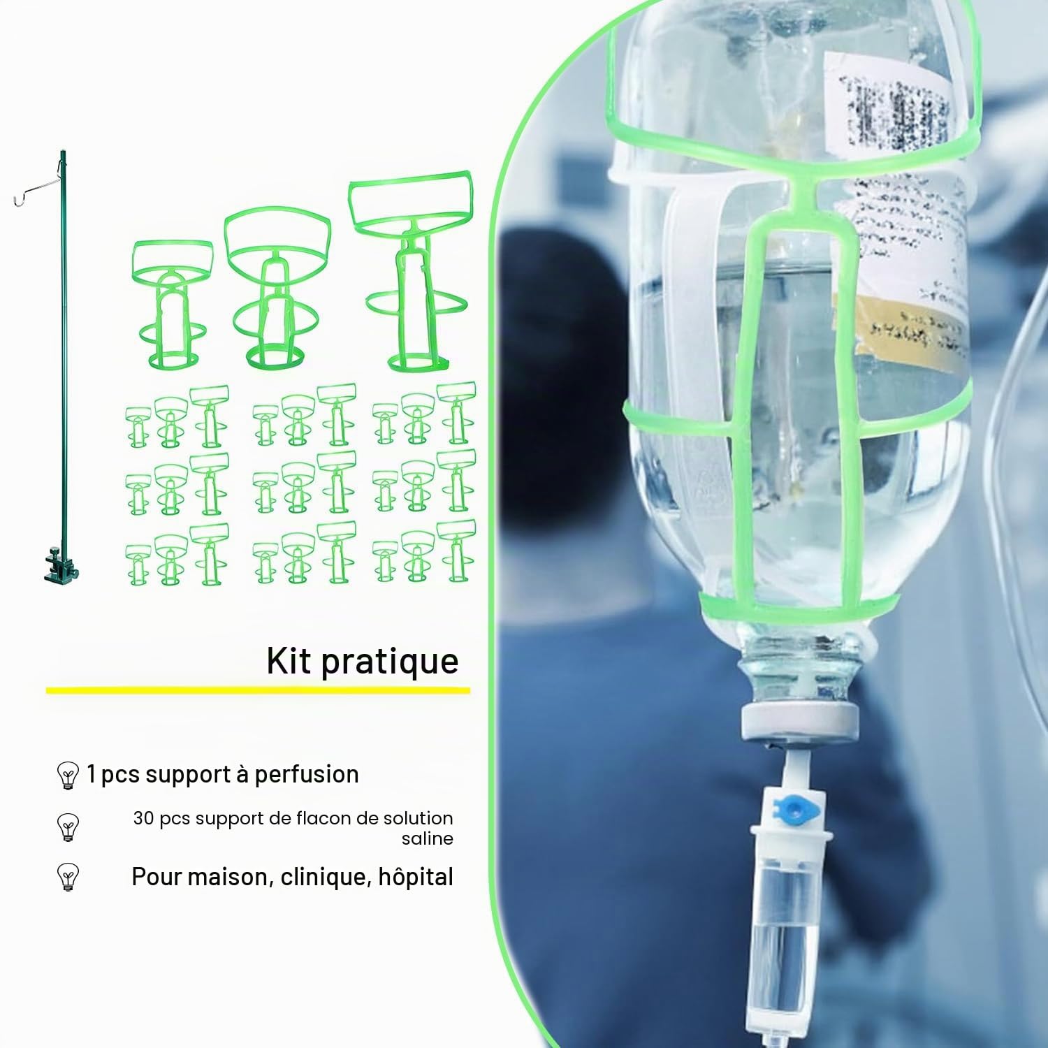 Support à perfusion réglable en hauteur, 1 pièce avec 30 crochets de suspension, perfusion pliable, kit de perfusion médical, support pour perfusion pour la maison/l'hôpital