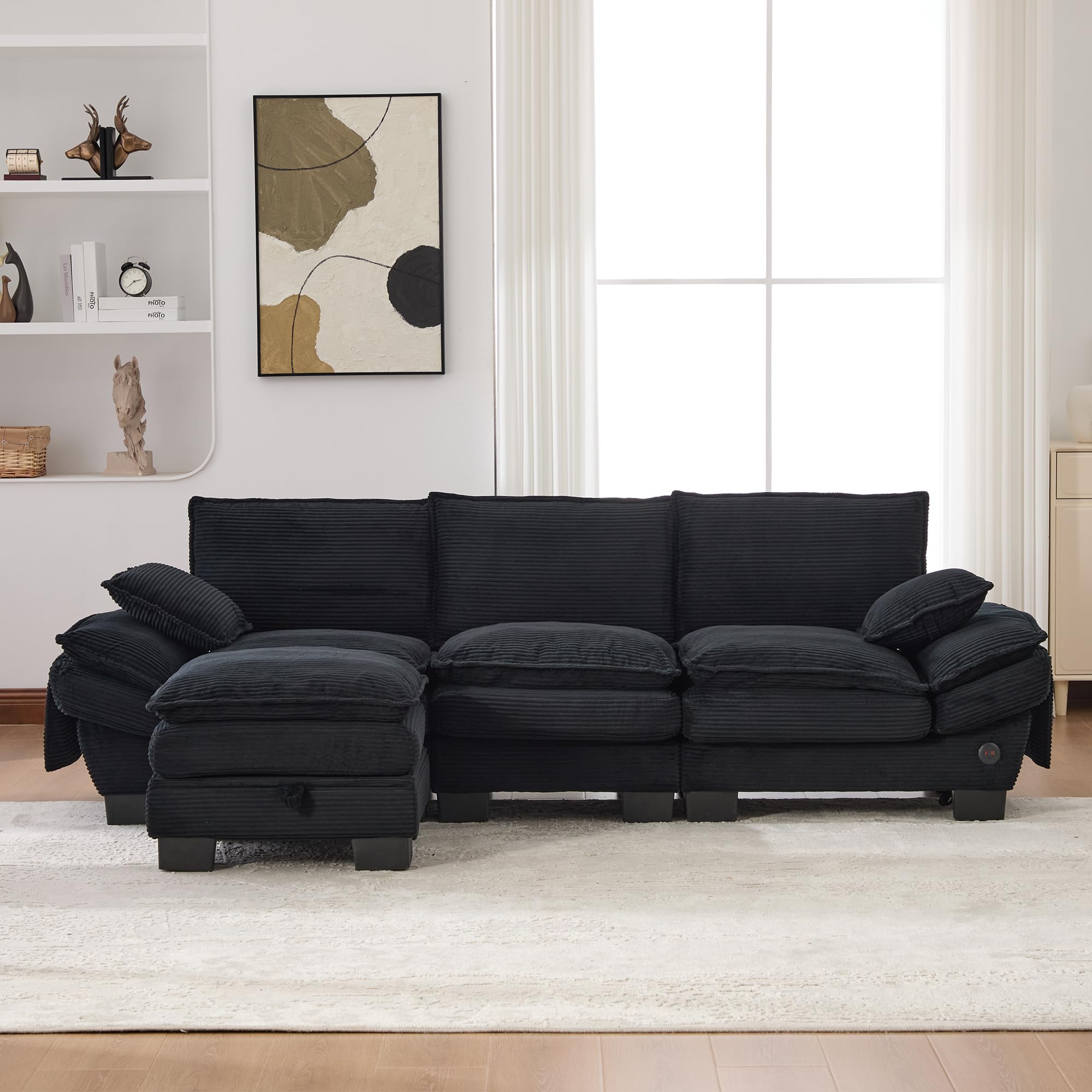 Modułowa sofa 3-osobowa z 1 taboretem, ergonomiczna szerokość siedziska z przyłączem C, sofa do salonu z bocznymi kieszeniami, do salonu, kolor czarny