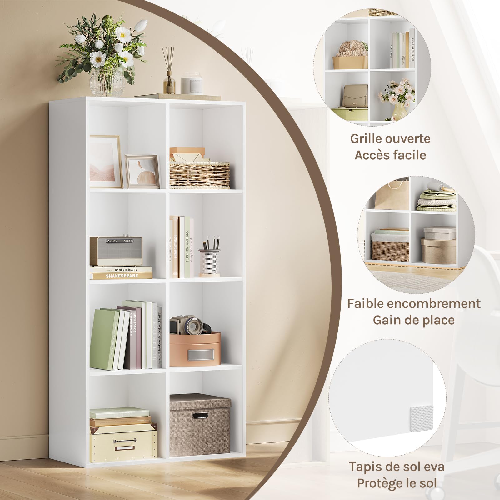WOLTU Bibliothèque, Étagère de 8 Casiers, pour Salon, Bureau, 60x29,5x121cm en Panneaux de Particules, Blanc,SK002ws4