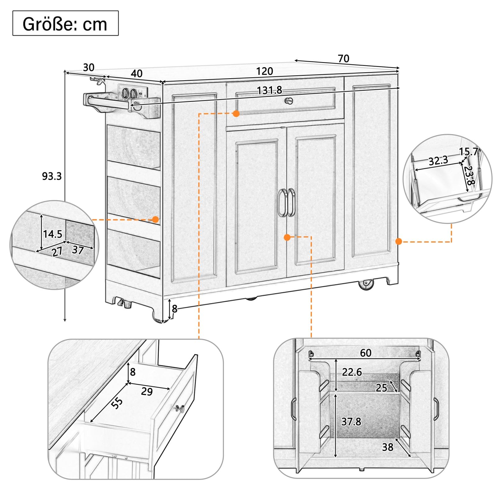 YEHTOKHOME Îlot de Cuisine avec 2 Prises et USB, Chariot de Cuisine avec Plan Rabattable, Poubelle Intégrée, 2 Tiroirs, 2 Portes, roulettes Freinables, pour Salle a Manger (C-Blanc)