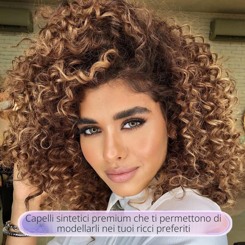 Parrucche afro ricci profonde per donne, lunghezza media, capelli sintetici naturali, parrucca afro ricci crespi per costume o uso quotidiano (ombré marrone biondo)