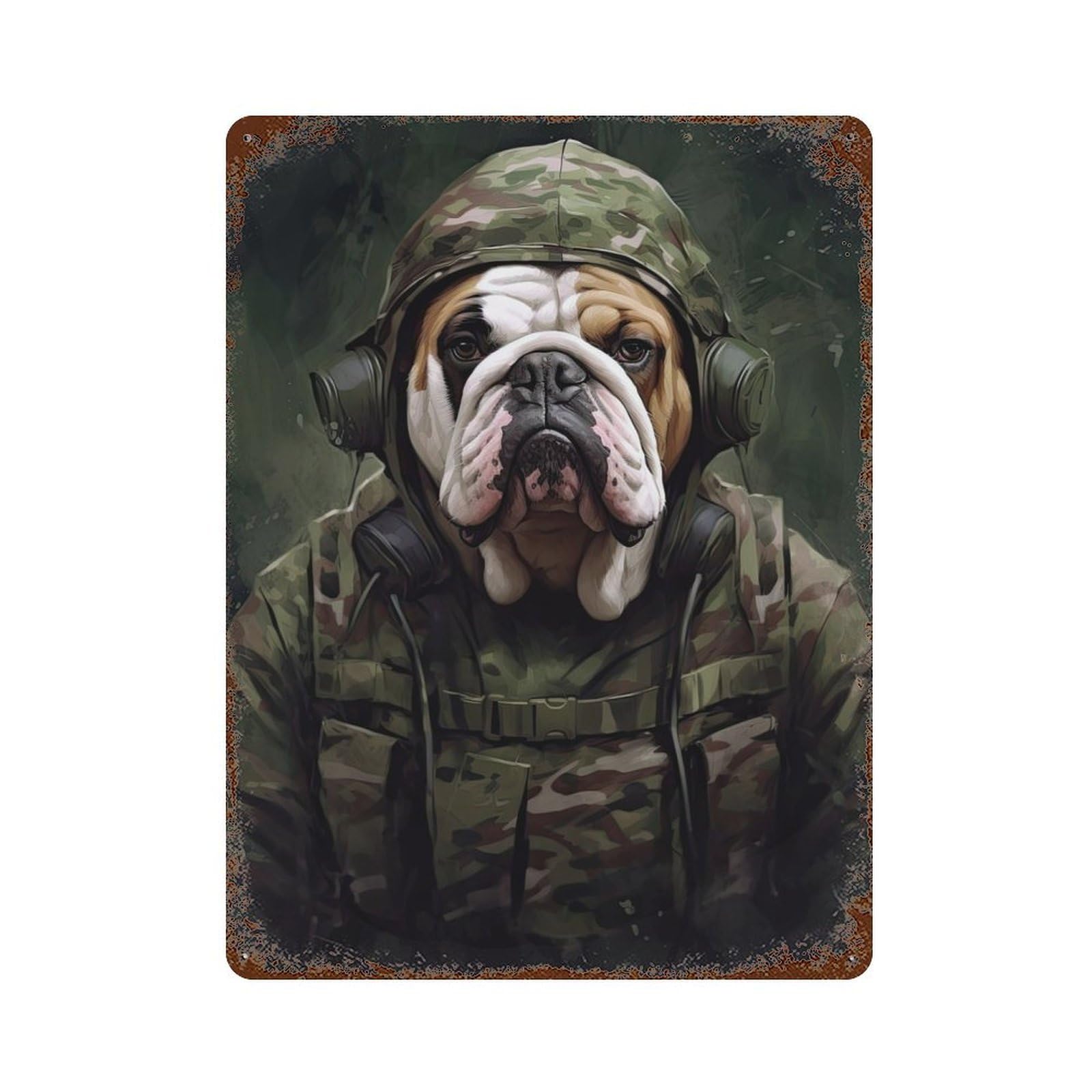 Garage Style English Bulldog Camo Aged Metal Wall Plaque 15.7"x11.8", Farmhouse Wall Decor for Bar And Workshop