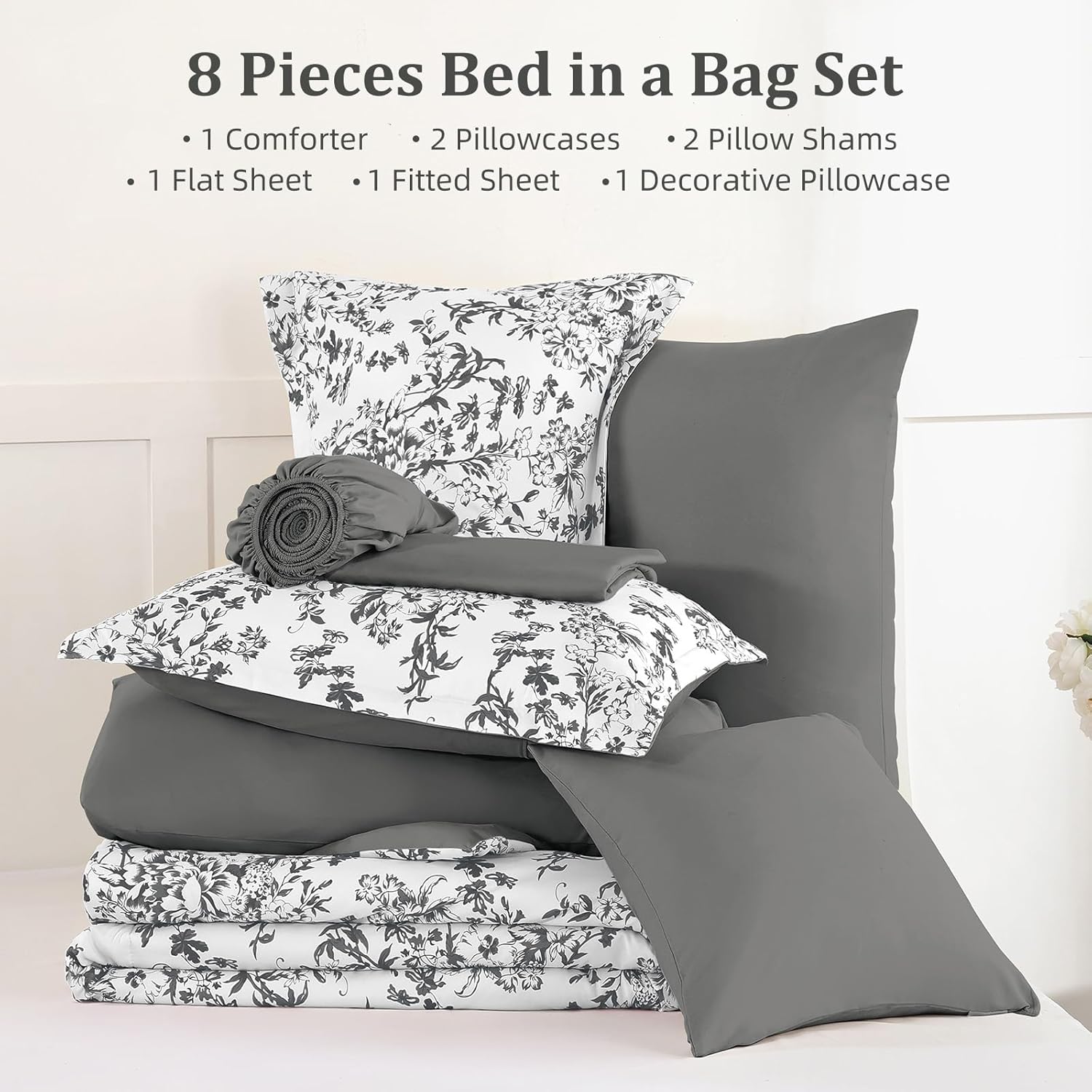 WONGS BEDDING Queen Size Comforter Set, 8 Pieces Grey Floral Bed in a Bag Comferter Sets, Botanical Print Soft Fluffy Microfiber Complete Bedding Sets for All Season (90"x90")