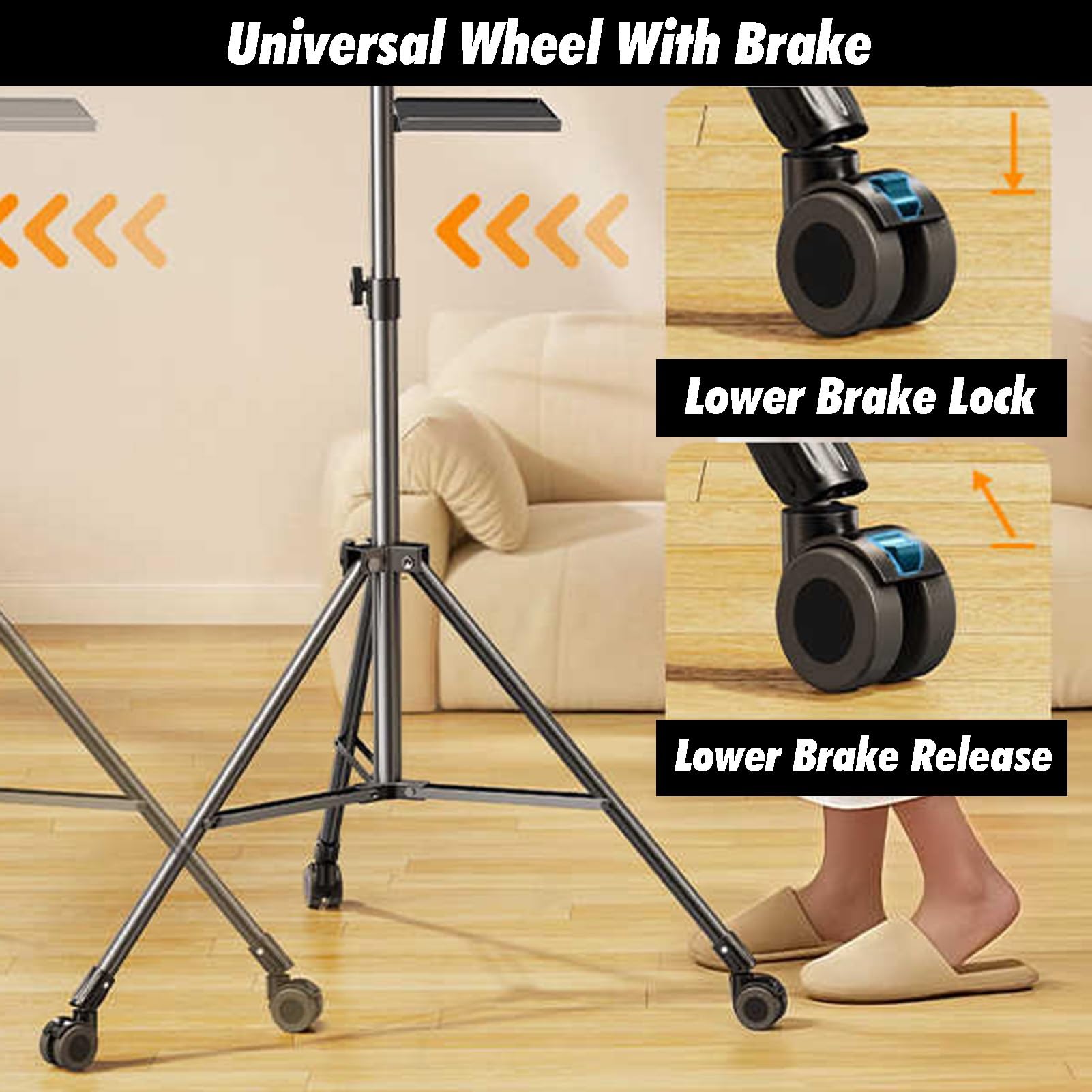 Soporte de suelo ajustable con base rodante y bandeja extraíble para partituras, laptop y pantalla