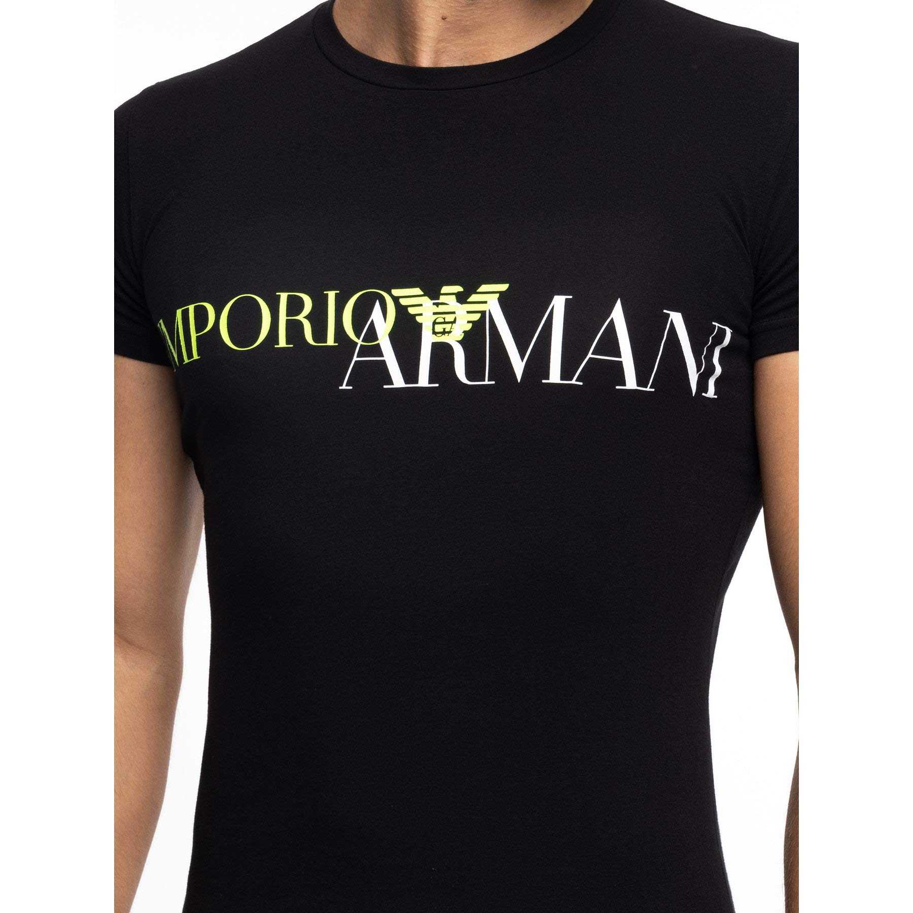 Emporio Armani - Maglietta da Uomo, con Scollo Rotondo, a Maniche Corte, Codice dell’Articolo: 111035 0A516 Nero/logo giallo XL