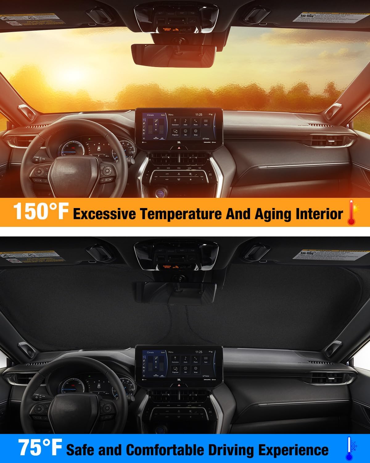 NEVERLAND Heat & UV Protection Sun Shade - Universal Car Windshield Cover, 210D Oxford Fabric Folding Sunshade (57.09" x 31.1") for Car Interior Protection