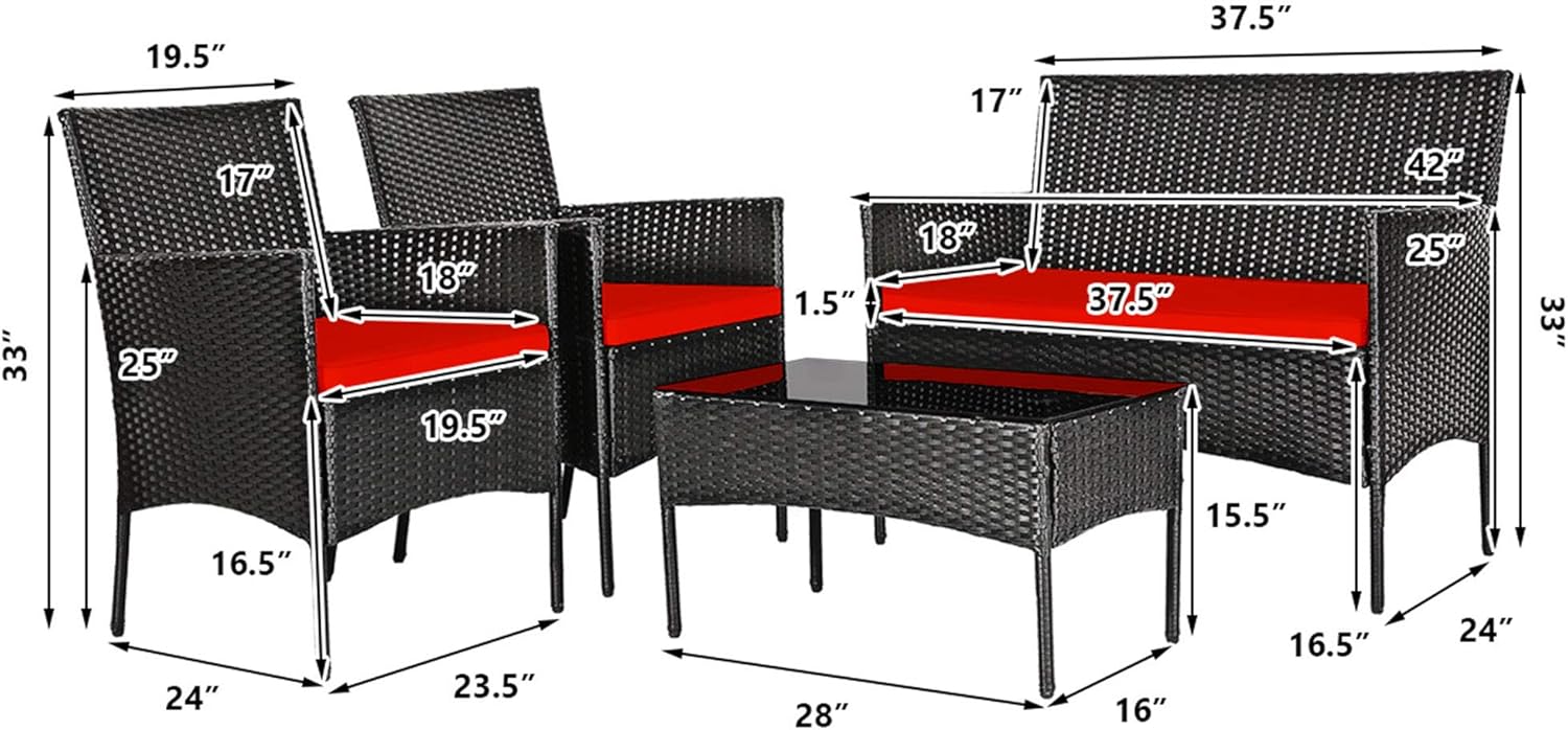 DORTALA Wicker Patio Furniture Set 4 Piece, Rattan Outdoor Table and Chairs Set with Loveseat, Cushions, All Weather Balcony Conversation Sofa Set for Porch, Backyard, Deck, Red