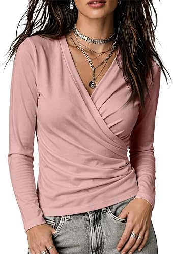 Wrap Around Tops for Women Low Cut Tie Wrap Cinched Waist Shirts Casual V Neck C